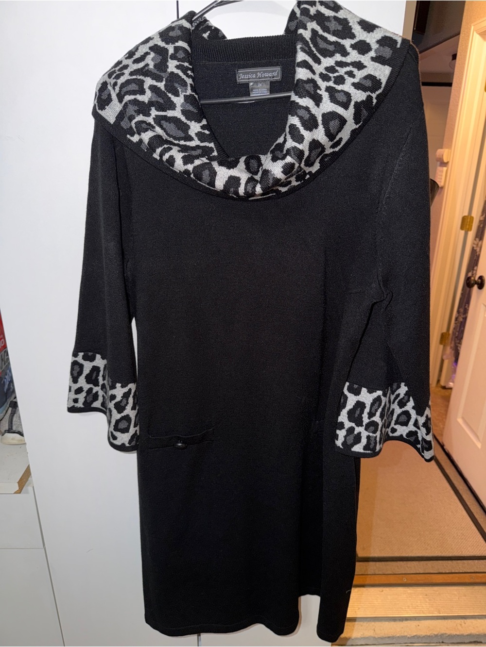 Jessica Howard Black Midi Dress with Black-and-White Leopard Trim